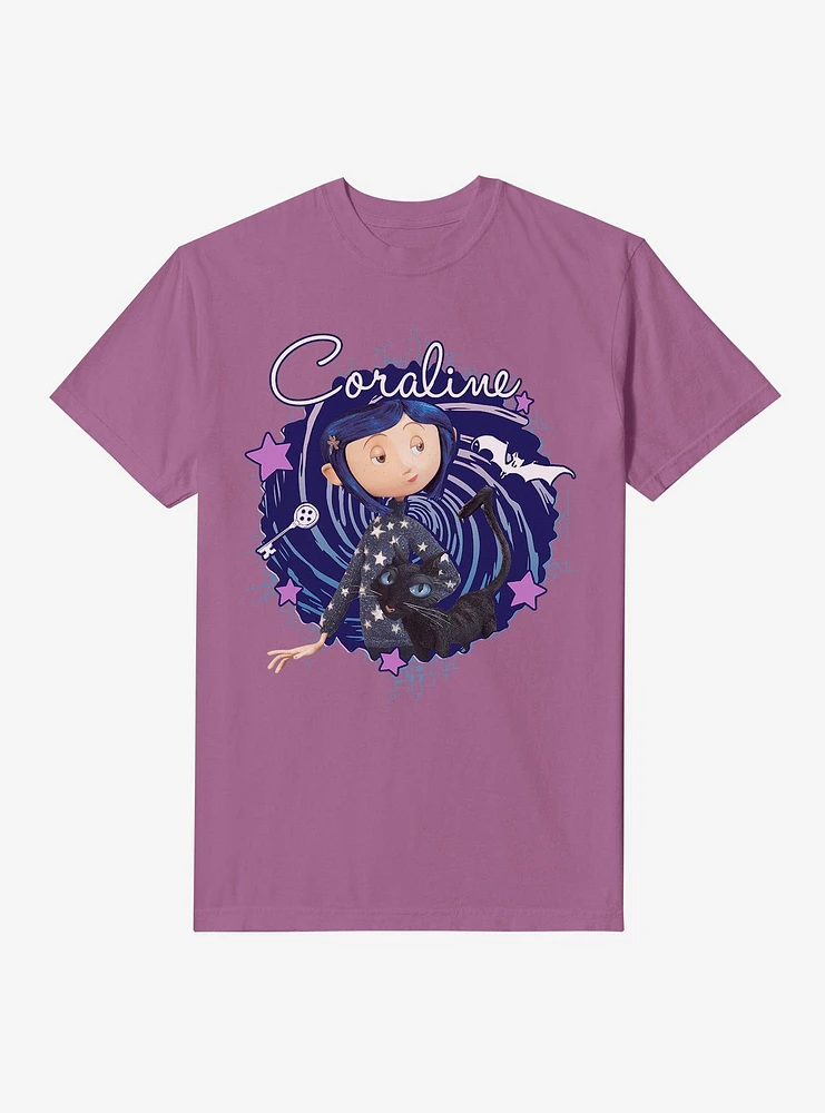 Coraline The Cat Swirl And Stars Garment Dye T-Shirt