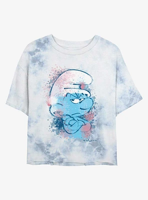 The Smurfs Angry Smurf Face Tie Dye Crop Womens T-Shirt