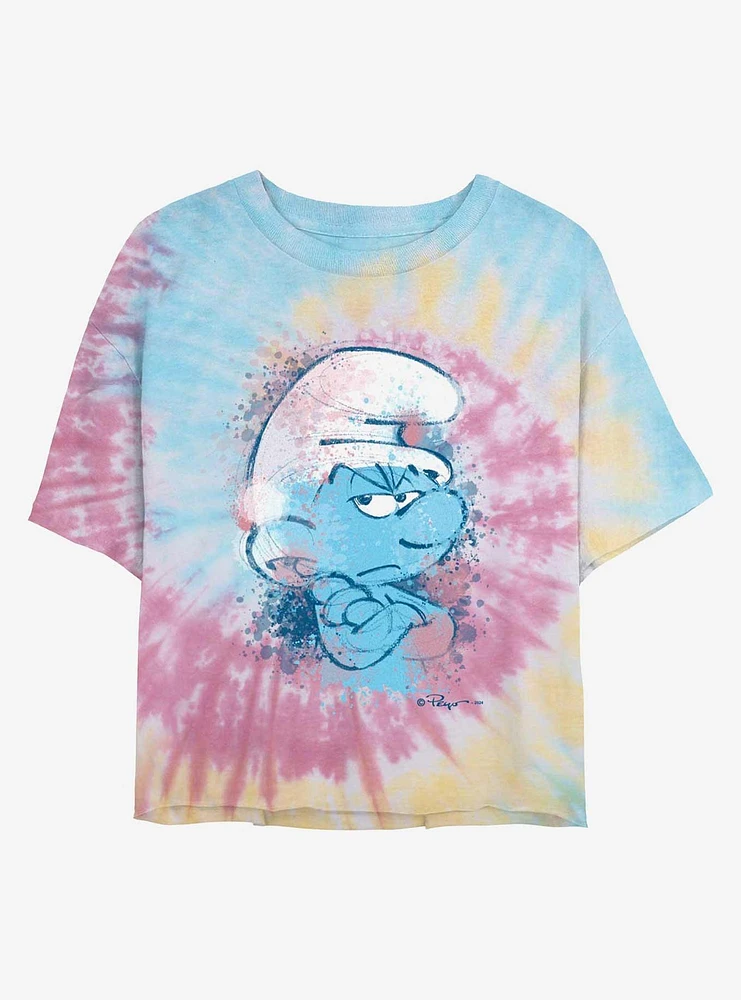 The Smurfs Angry Smurf Face Tie Dye Crop Womens T-Shirt