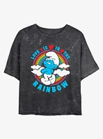 The Smurfs Love Is Rainbow Mineral Wash Womens Crop T-Shirt