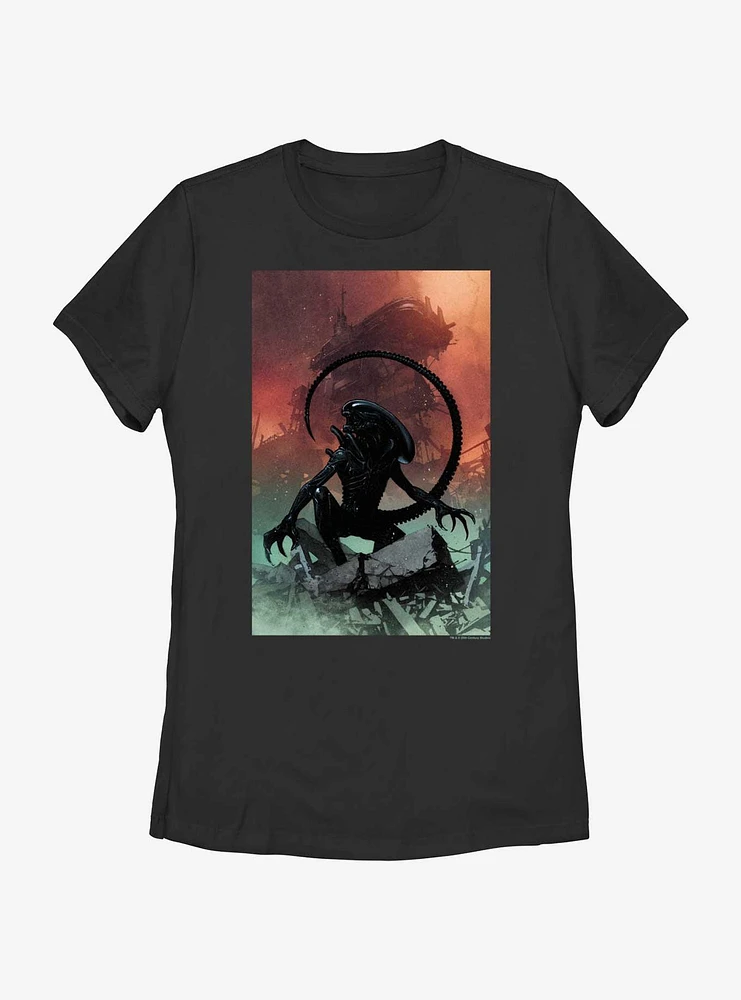 Alien Xenomorph And Ruined Ship Womens T-Shirt