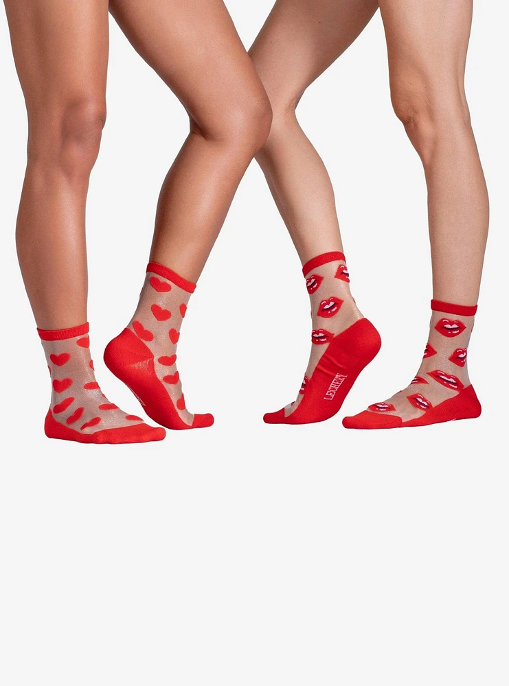 Hearts & Lips Sheer Crew Socks (2 Pairs)