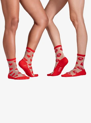 Hearts & Lips Sheer Crew Socks (2 Pairs)