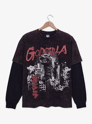 Godzilla Tonal Portrait Mineral Wash Layered Long Sleeve T-Shirt - BoxLunch Exclusive