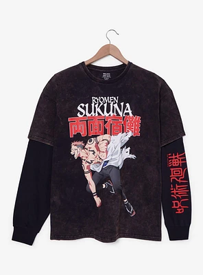 Jujutsu Kaisen Sukuna Portrait Mineral Wash Layered Long Sleeve T-Shirt - BoxLunch Exclusive