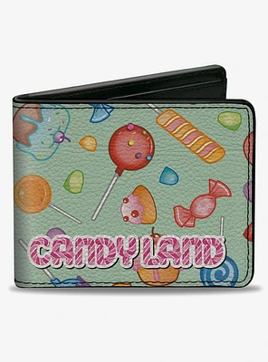 Candy Land Title Logo and Candy Collage Mint Green Bifold Wallet