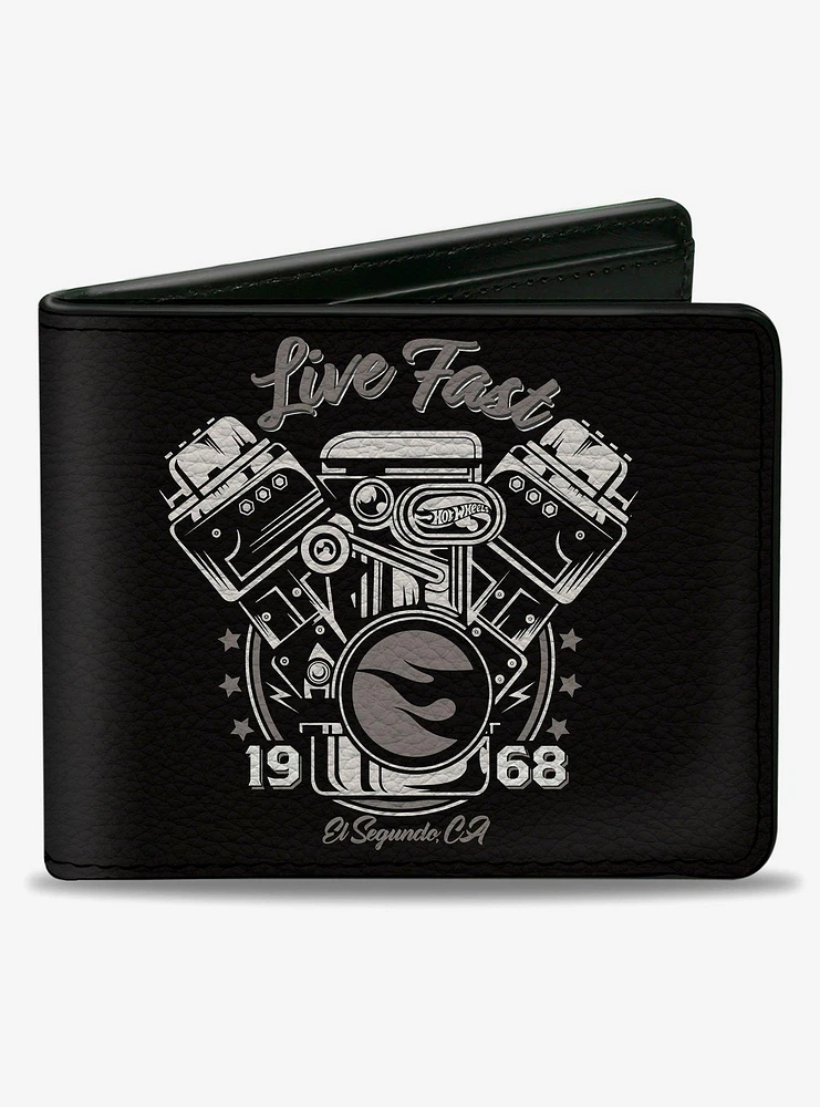 Hot Wheels Live Fast 1968 Engine Pistons Black Grays Bifold Wallet