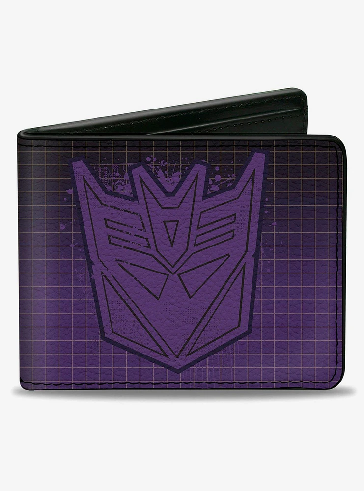 Transformers Decepticons Shield Splatter and Text Grid Purple Bifold Wallet