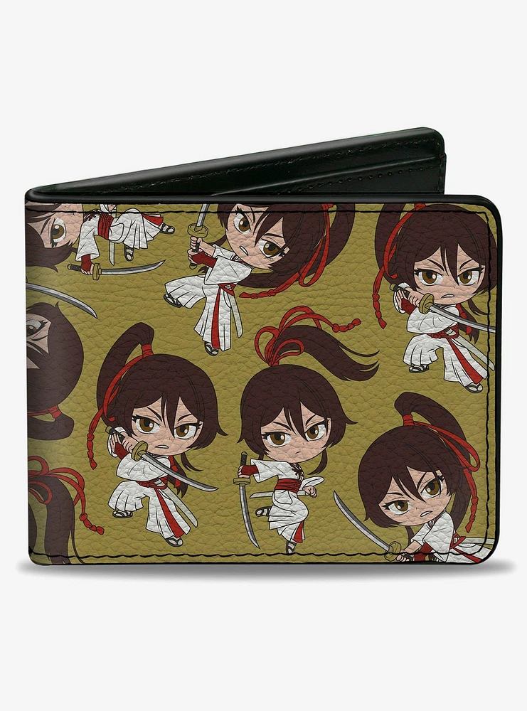 Hells Paradise Chibi Sagiri Sword Poses Scatter Golden Yellow Bifold Wallet