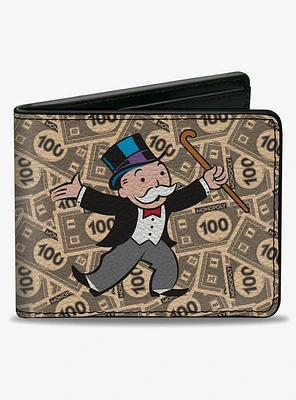 Mr Monopoly Rich Uncle Pennybags Pose 100 Money Bills Stacked Bifold Wallet