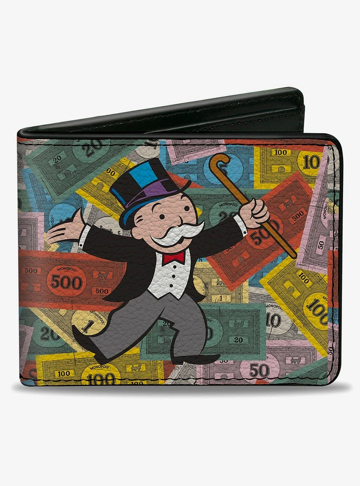 Mr Monopoly Rich Uncle Pennybags Stacked Money Pose Bifold Wallet