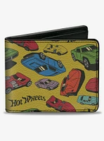 Hot Wheels Cars Scattered Yellow Multi Color Bifold Wallet