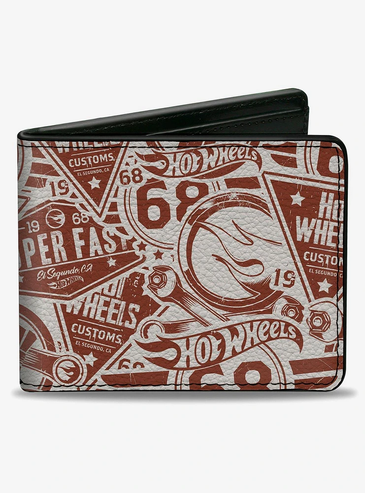 Hot Wheels 68 Icons Collage Burgundy White Bifold Wallet