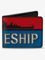 Battleship Ship Silhouette and Text Red Blue Black White Bifold Wallet