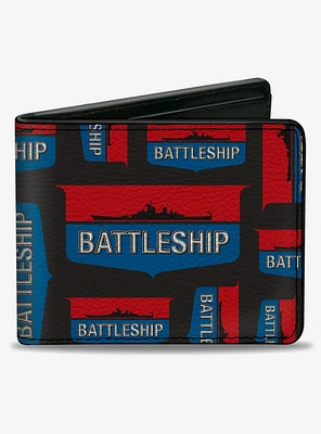 Battleship Ship Silhouette and Text Badge Collage Black Bifold Wallet