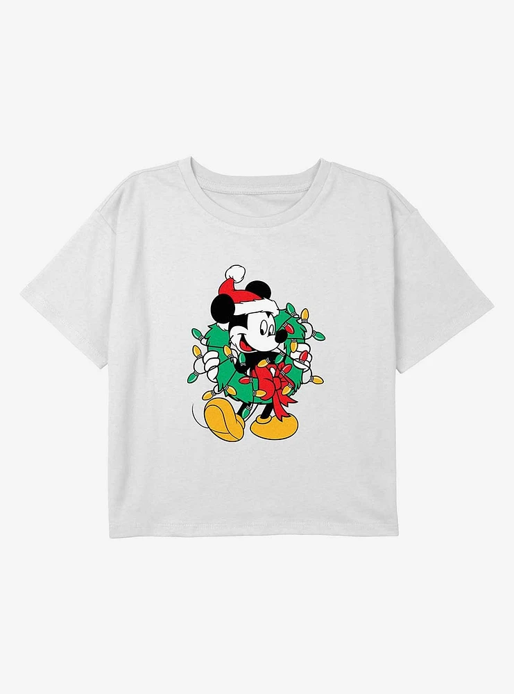 Mickey Mouse Santa Wreath Youth Girls Boxy Crop T-Shirt