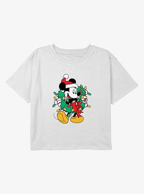 Mickey Mouse Santa Wreath Youth Girls Boxy Crop T-Shirt