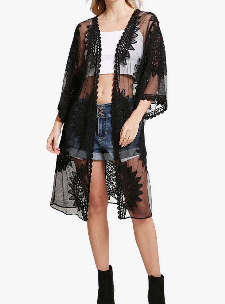 Black Lace Cover Up Poncho Kimono