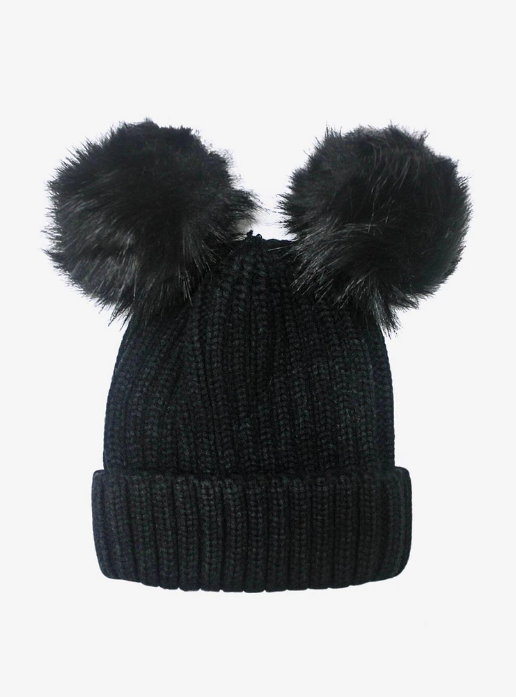 Double Pom Pom Black Knit Beanie