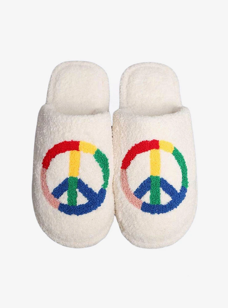 Fuzzy Soft Rainbow Peace Sign Slippers