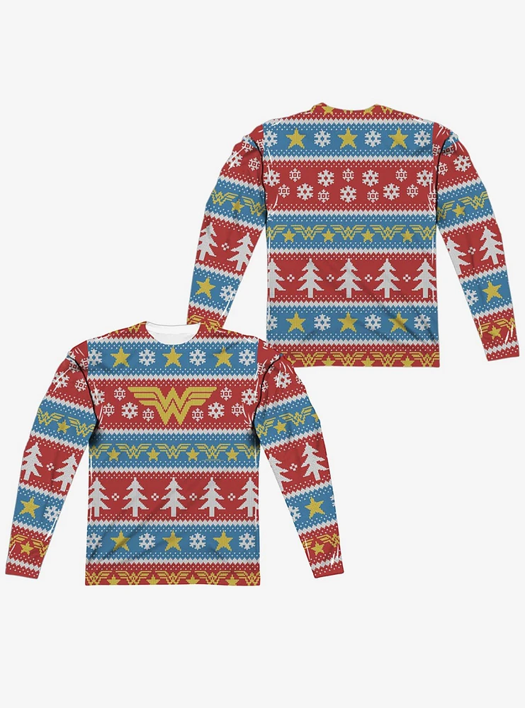 DC Comics Wonder Woman Christmas Sweater Print Long Sleeve Sublimated T-Shirt