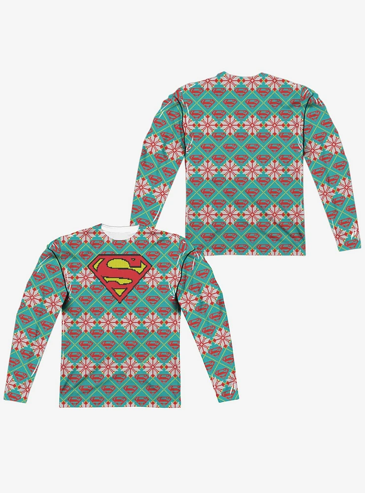 DC Comics Superman All Over Christmas Sweater Print Long Sleeve Sublimated T-Shirt