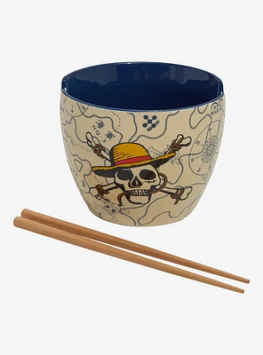 One Piece Straw Hat Crew Jolly Roger Map Print Ramen Bowl with Chopsticks