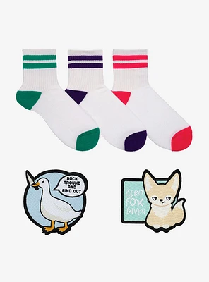 Ribbed Varsity Stripe Quarter 3-Pair Crew Socks & 2 Patches Pack