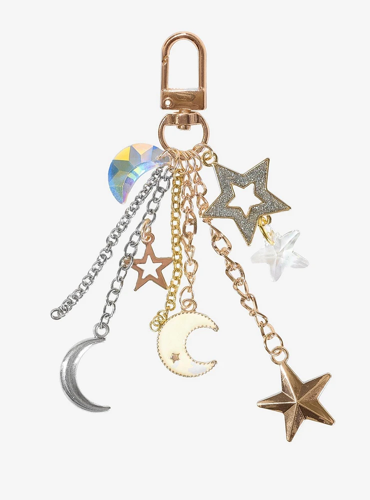 Crescent Moon & Stars Gold Multi-Charm Keychain