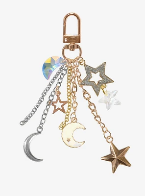 Crescent Moon & Stars Gold Multi-Charm Keychain