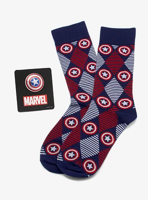 Marvel Captain America Argyle Stripe Socks and Lapel Pin Set
