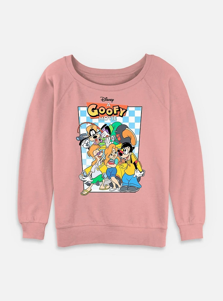 Disney Goofy Group Checkered Pattern Womens Slouchy Sweatshirt
