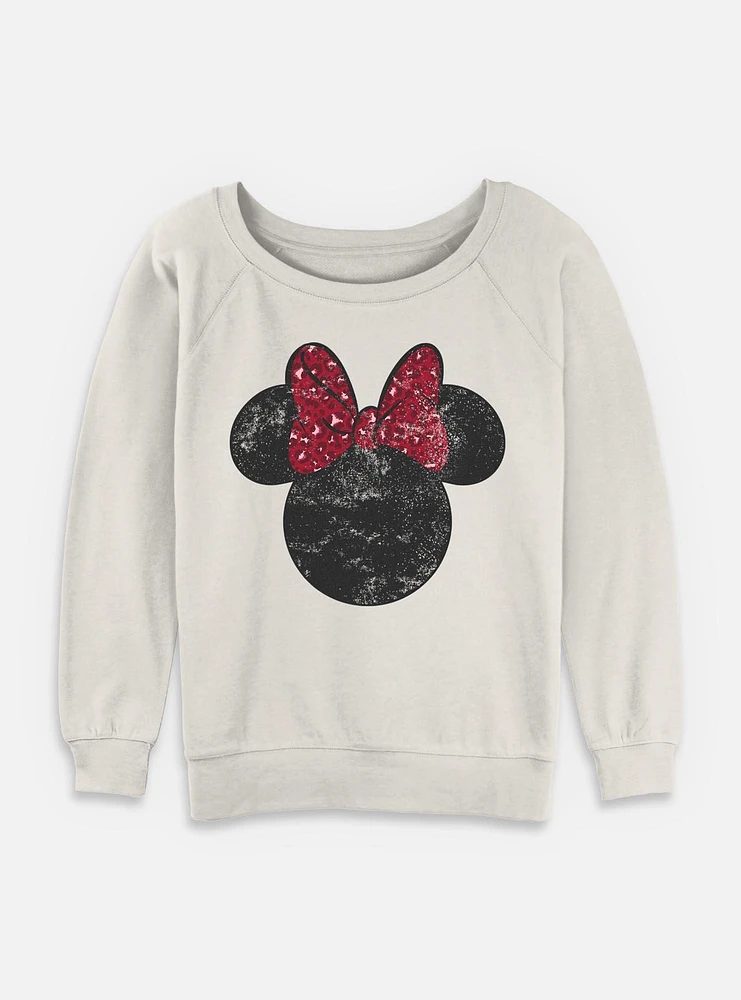 Disney Minnie Mouse Leopard Bow Womens Slouchy Sweatshirt
