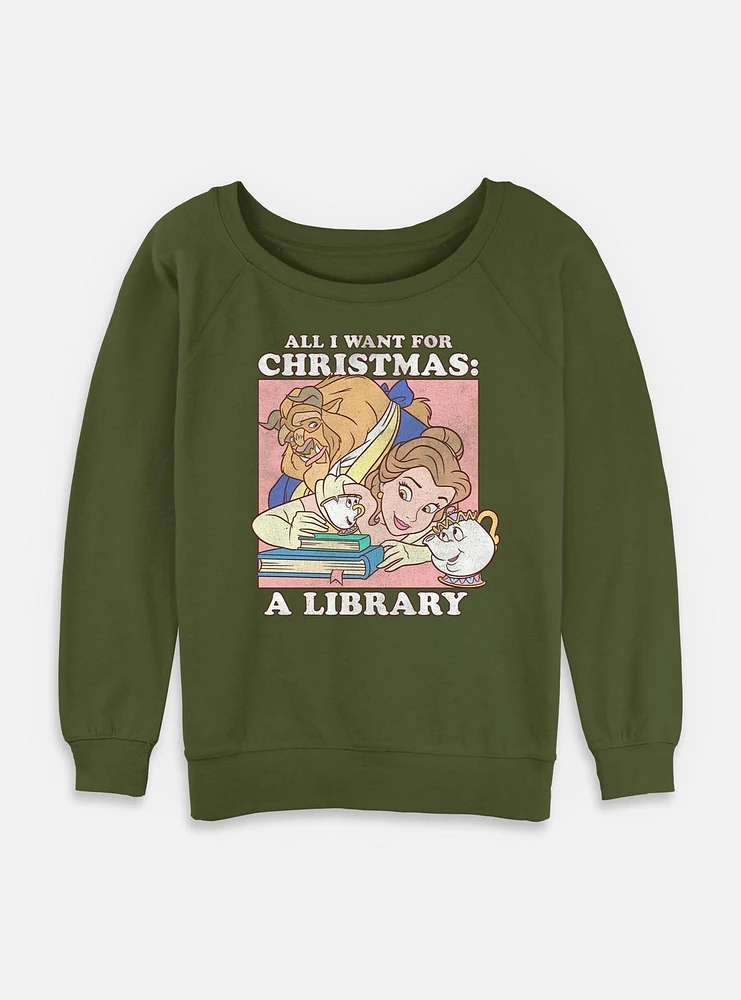 Disney Princesses A Library Christmas Present Womens Slouchy Sweatshirt