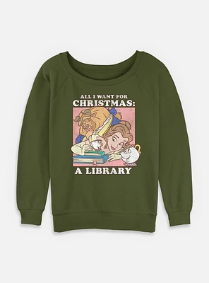 Disney Princesses A Library Christmas Present Womens Slouchy Sweatshirt