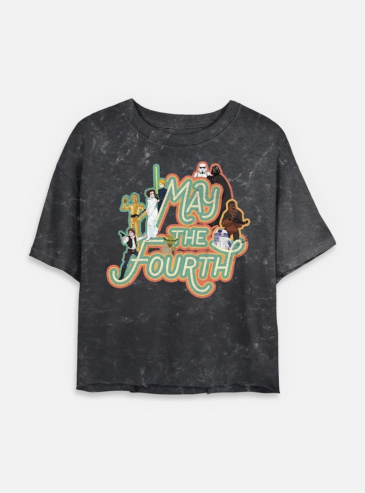 Star Wars May The 4th Retro Group Womens Mineral Wash Crop T-Shirt