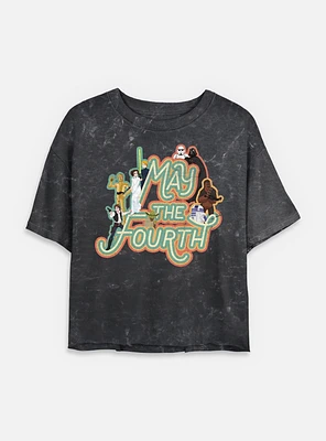 Star Wars May The 4th Retro Group Womens Mineral Wash Crop T-Shirt
