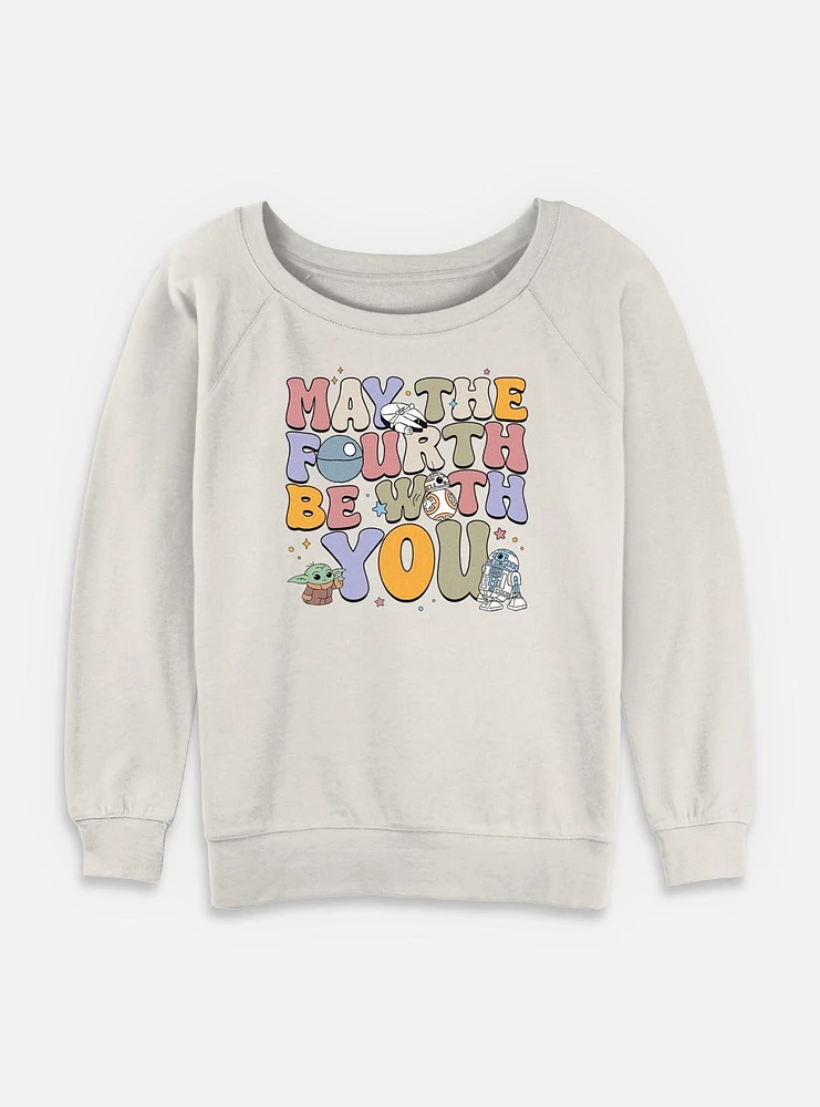 Star Wars The Mandalorian May Fourth Groovy Text Womens Slouchy Sweatshirt