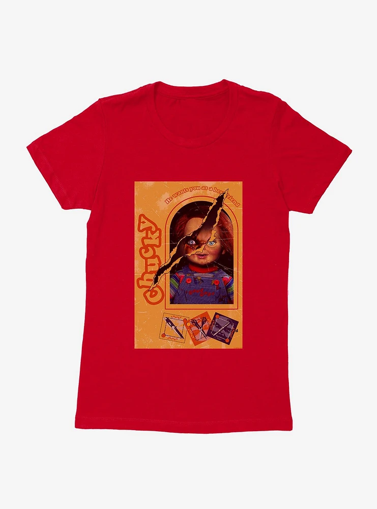 Chucky Doll Box Torn Womens T-Shirt