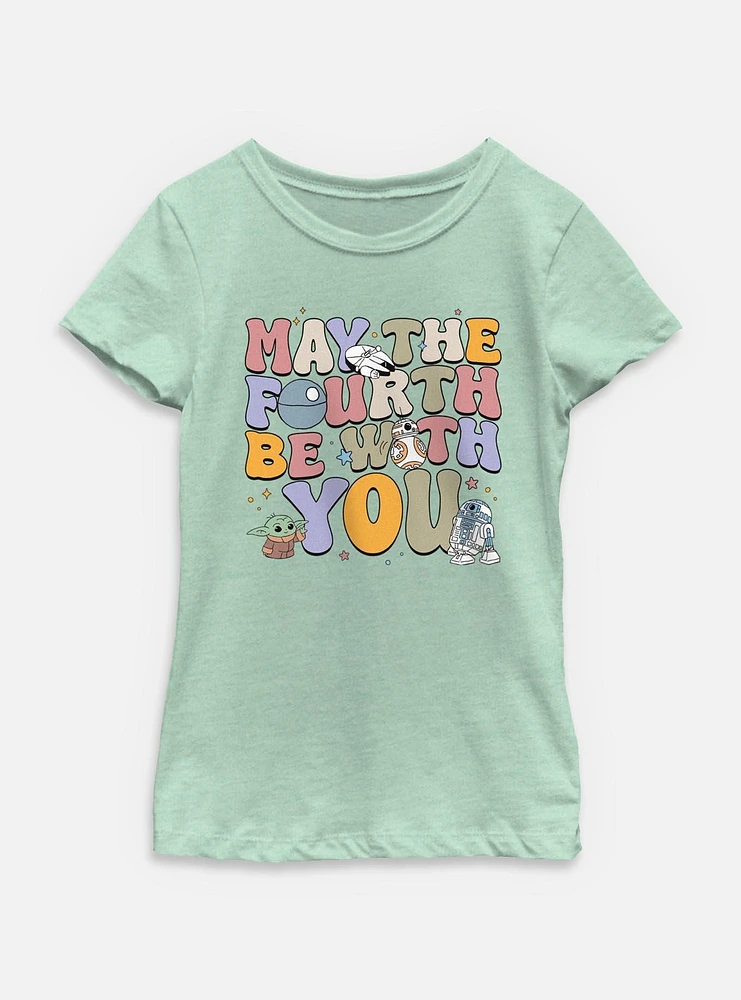Star Wars The Mandalorian May Fourth Groovy Text Youth Girls T-Shirt