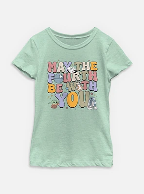 Star Wars The Mandalorian May Fourth Groovy Text Youth Girls T-Shirt