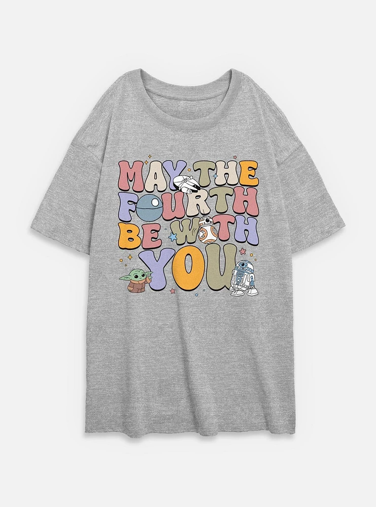 Star Wars The Mandalorian May Fourth Groovy Text Womens Oversized T-Shirt