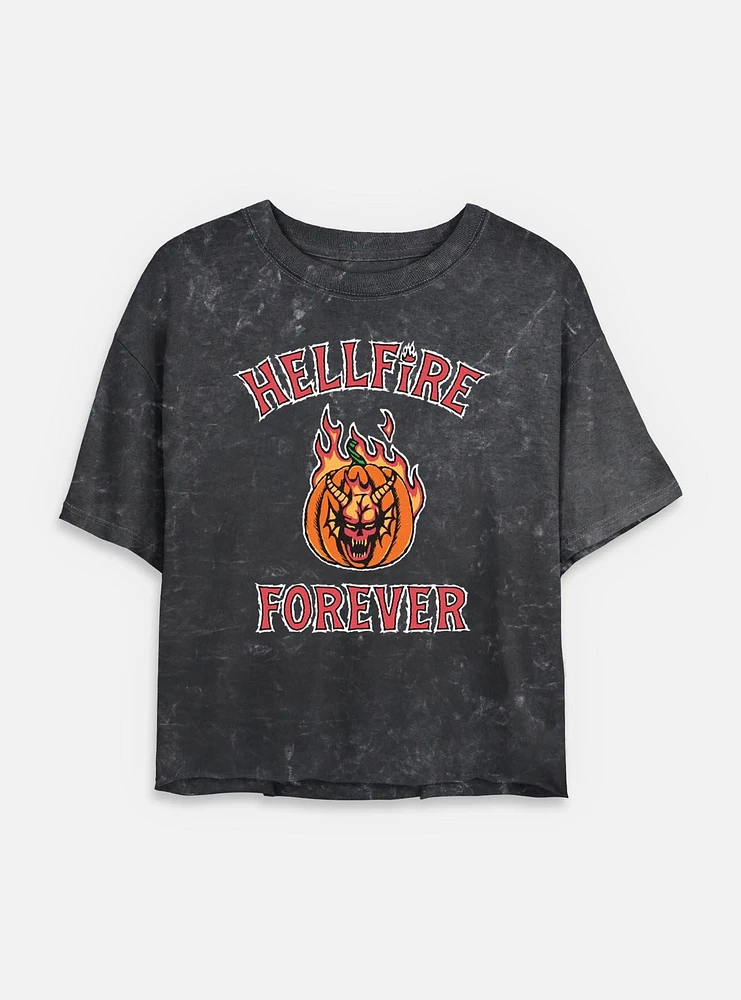 Stranger Things Hellfire Forever Pumpkin Womens Mineral Wash Crop T-Shirt