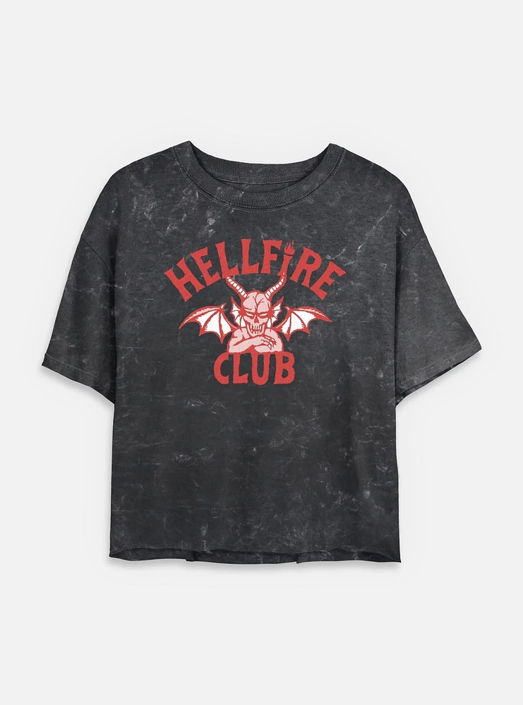 Stranger Things Devil Logo Hellfire Club Womens Mineral Wash Crop T-Shirt