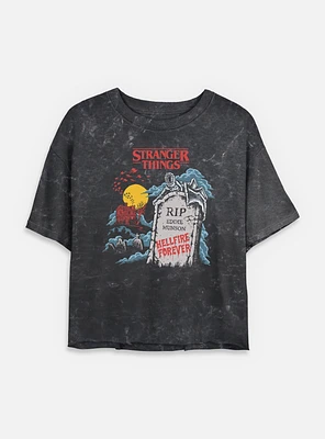 Stranger Things RIP Eddie Munson Hellfire Forever Womens Mineral Wash Crop T-Shirt