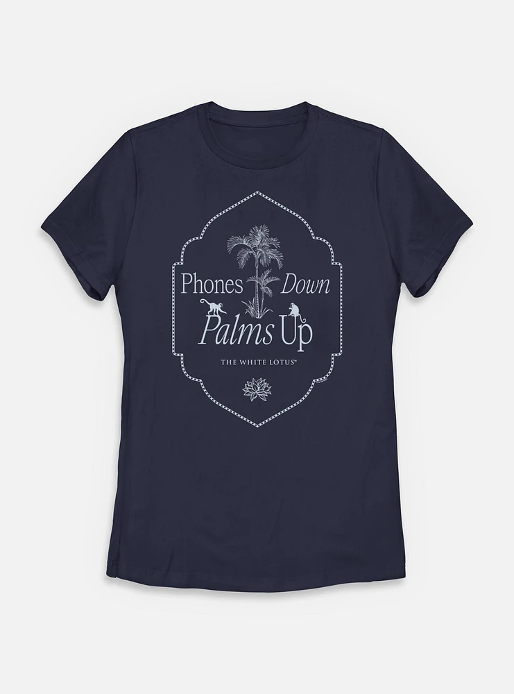 The White Lotus Phones Down Palms Up Womens T-Shirt