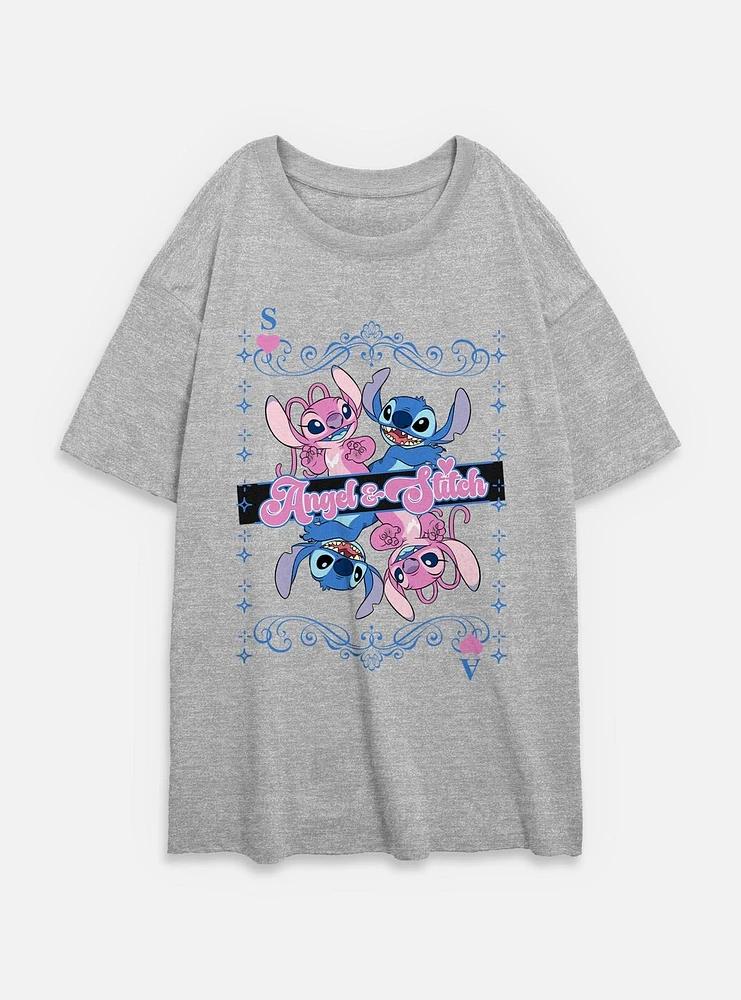 Disney Lilo & Stitch Angel And Card Womens Oversized T-Shirt