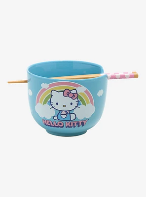Sanrio Hello Kitty Rainbow Blue Ramen Bowl and Chopsticks Set