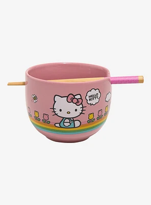 Sanrio Hello Kitty Flowers Striped Ramen Bowl With Chopsticks