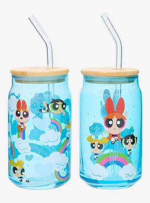 Powerpuff Girls Rainbow Group Portrait Glass Cup with Straw Set